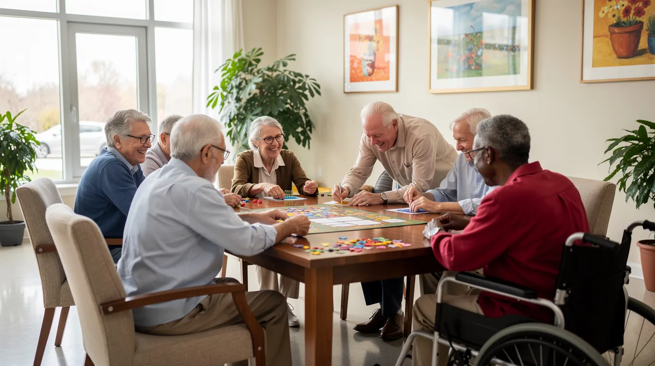 A group of seniors is engaged in a lively activity around a table in a bright community room, adorned with plants and artwork on the walls, reflecting the vibrant atmosphere of assisted living communities. This setting promotes social interaction and an active lifestyle among older adults, emphasizing the importance of community life in senior living.