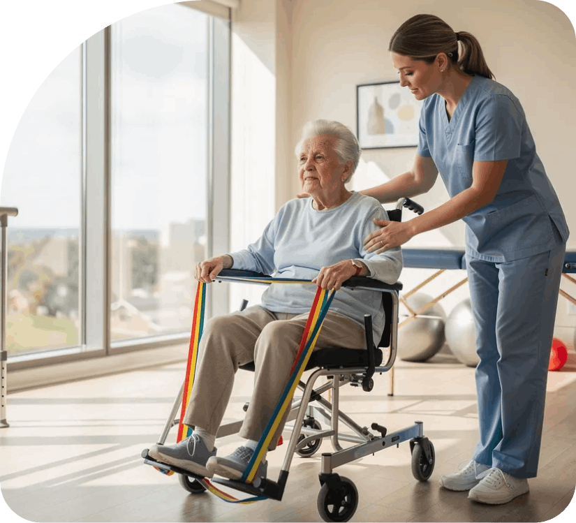 Caregiver assisting an elderly patient in a wheelchair in a bright home setting