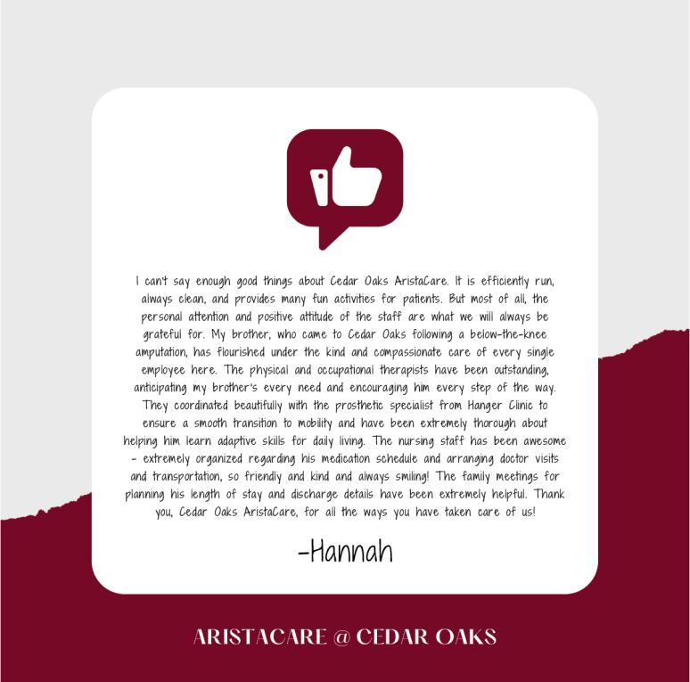 Maroon quote card with a thumbs-up icon and a short testimonial on a white panel.