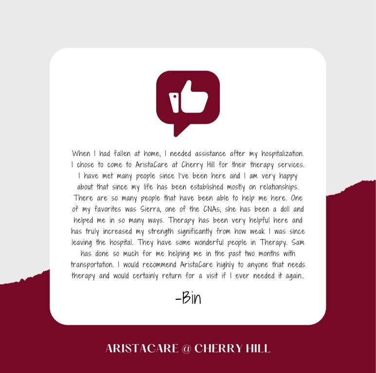 White quote card with maroon thumbs-up speech bubble and small text, on a maroon background reading ARISTACARE @ CHERRY HILL