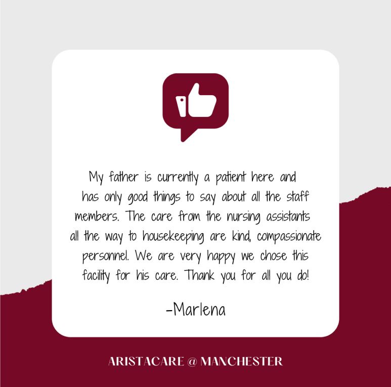 Maroon and white testimonial card from Aristacare at Manchester with a customer quote and thumbs-up icon
