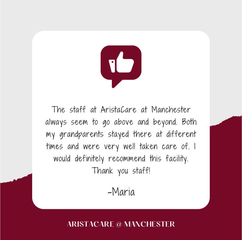 Testimonial card praising Aristacare at Manchester, white with maroon accents and thumbs-up icon.