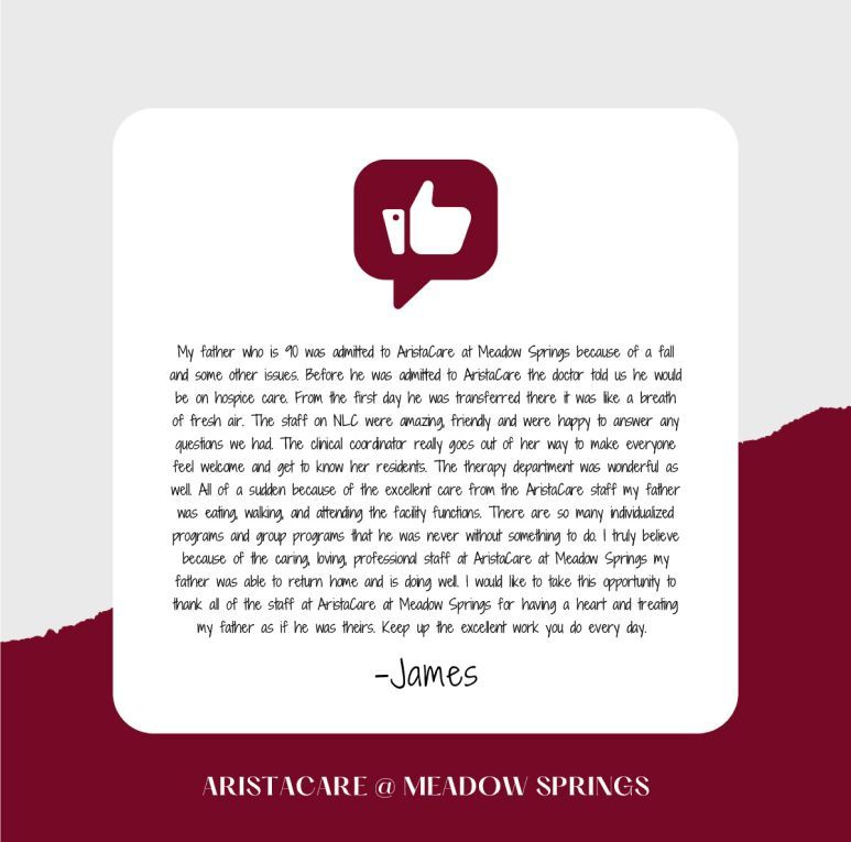 Maroon quote card with white text and a speech-bubble thumbs-up icon for Aristocrat Meadow Springs