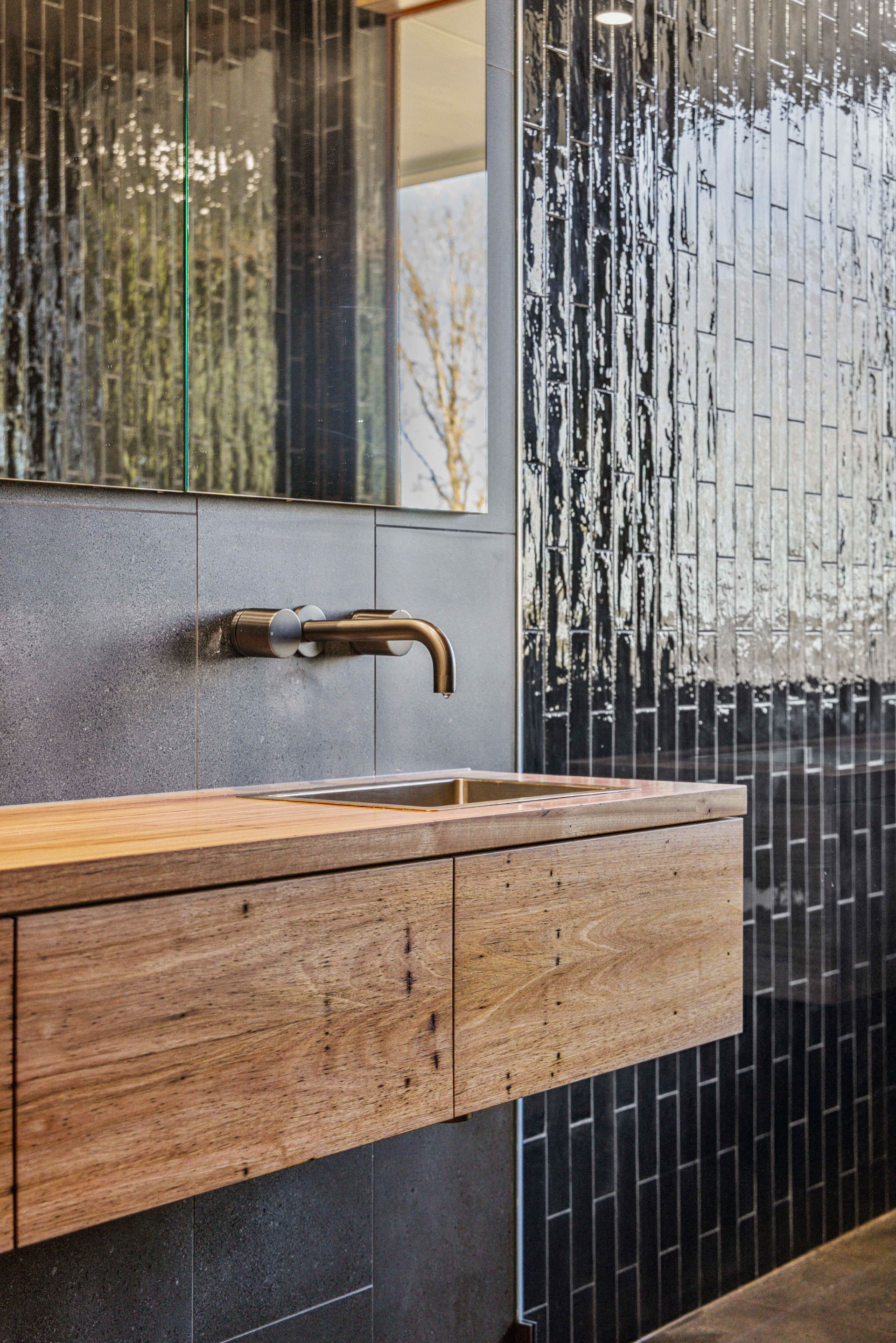 Modern Bathroom With Wooden Floating Vanity — Croker Plumbing and Gas in Goulburn, NSW