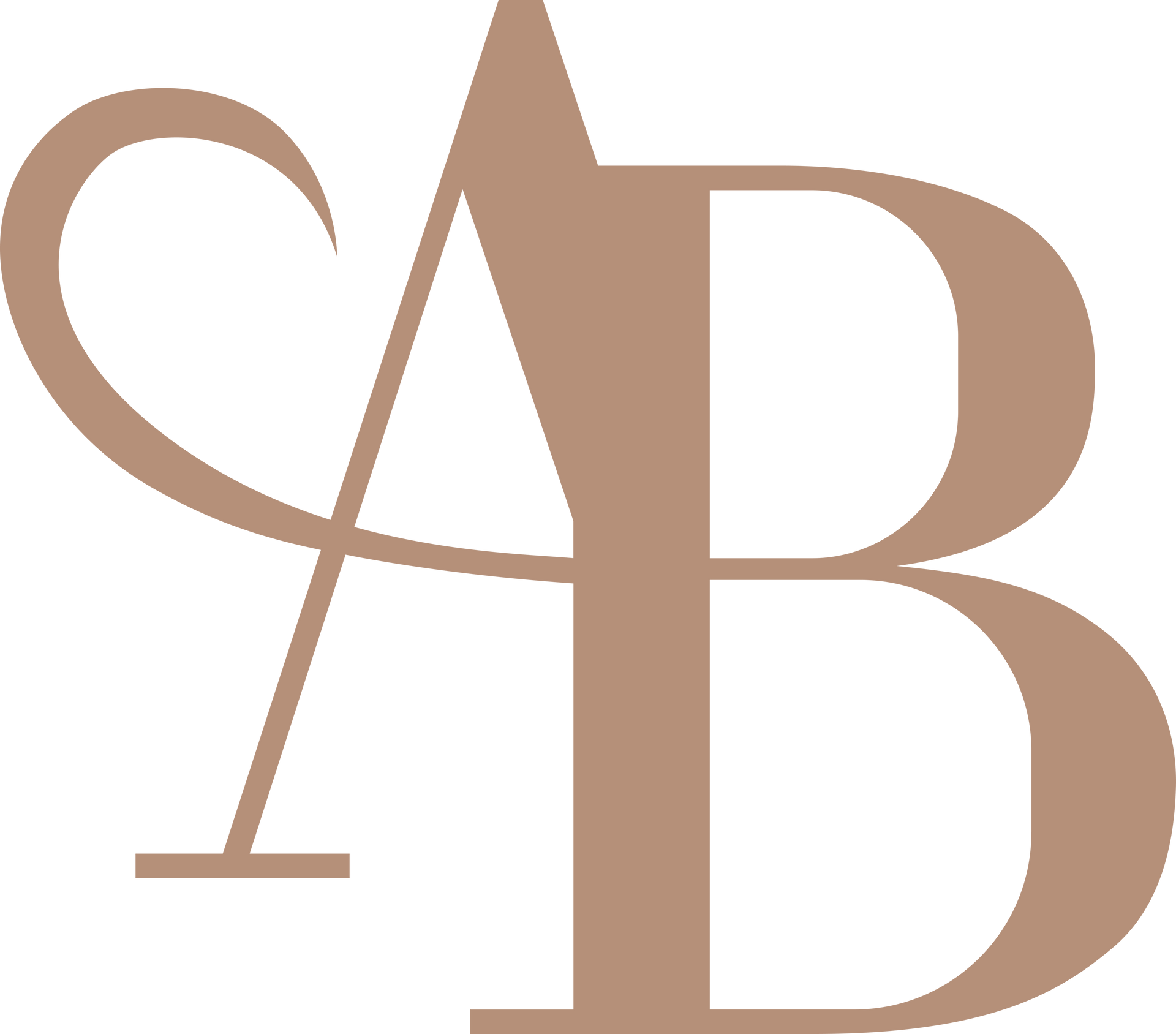 A brown letter b with a swirl around it on a white background.