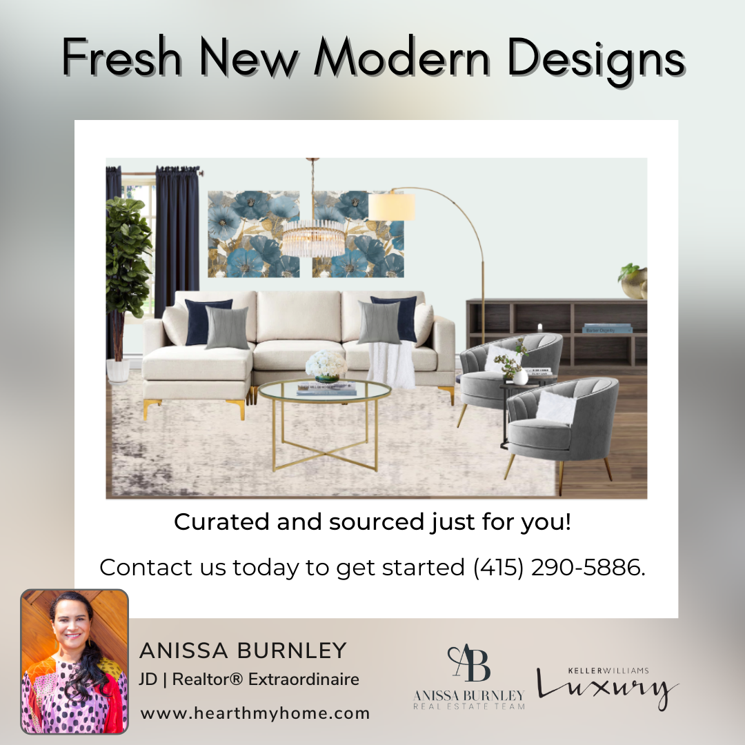 An advertisement for fresh new modern designs shows a living room