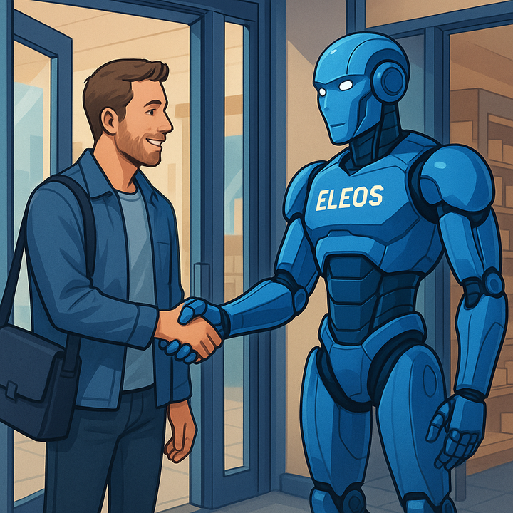 Un homme serre la main d'un robot bleu.