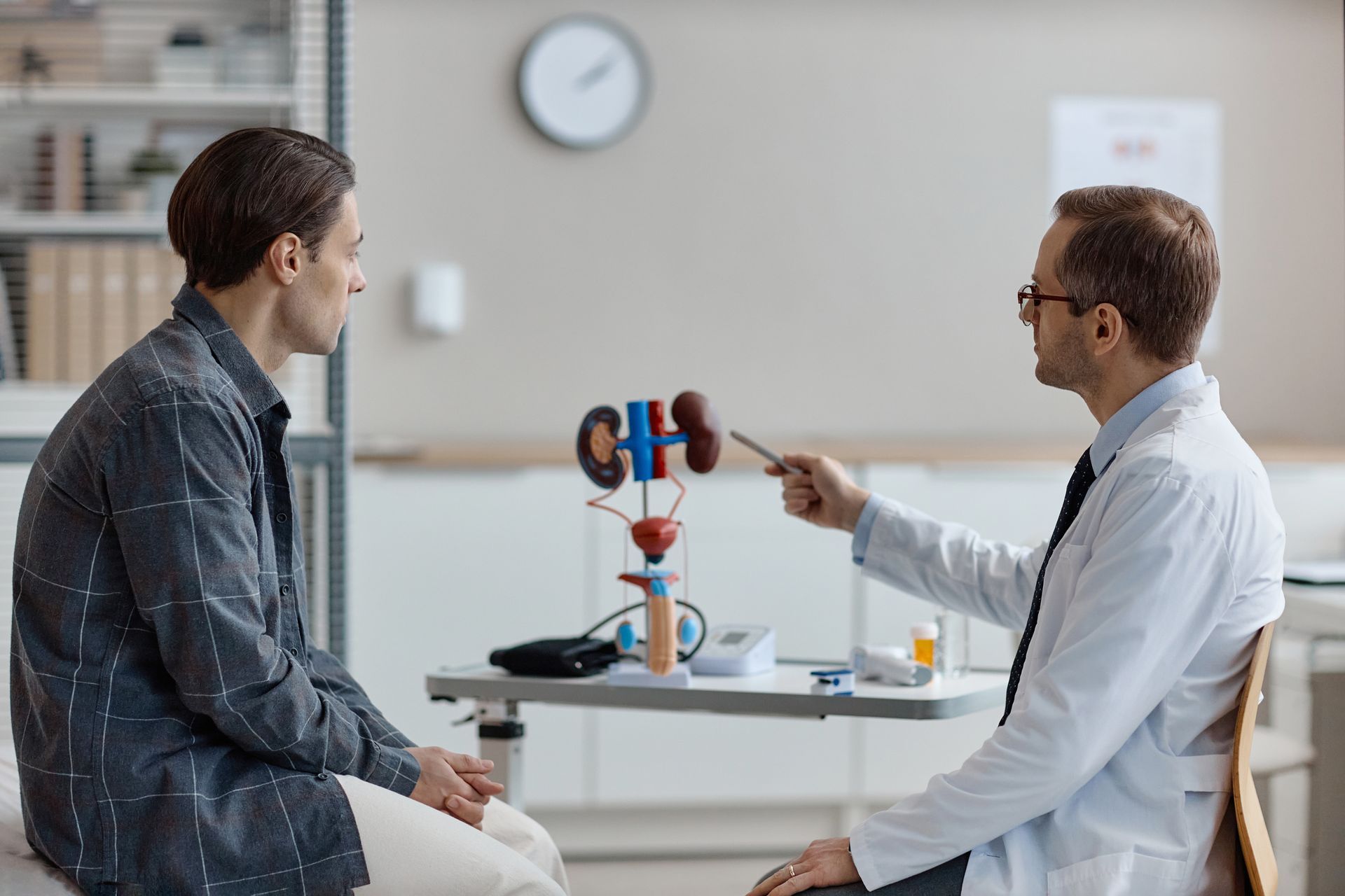 Doctor pointing at a model while speaking with a seated patient in a bright clinic room Doctor pointing at a model while speaking with a seated patient in a bright clinic room