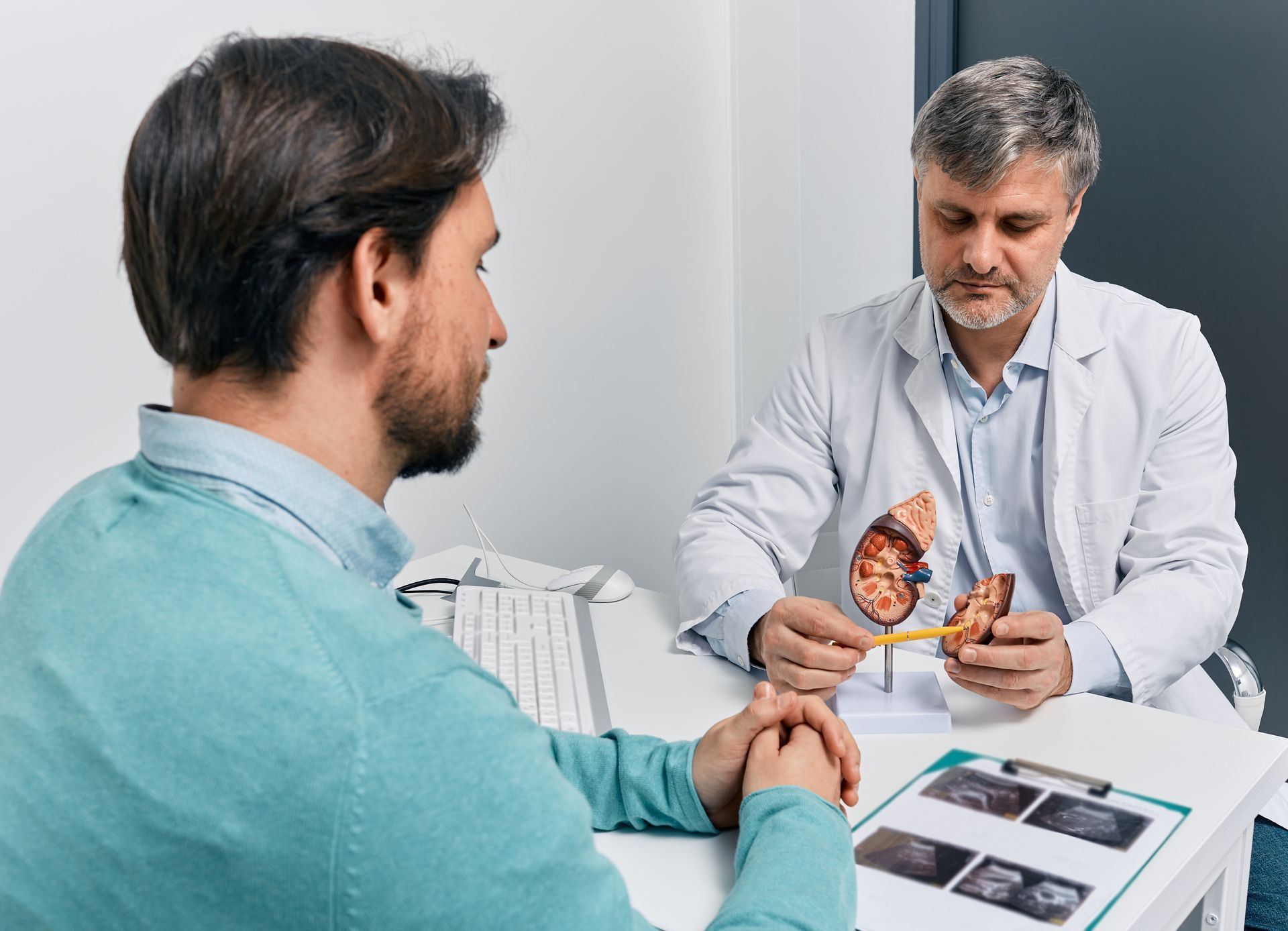 Doctor showing heart diagram to patient in a clinic office