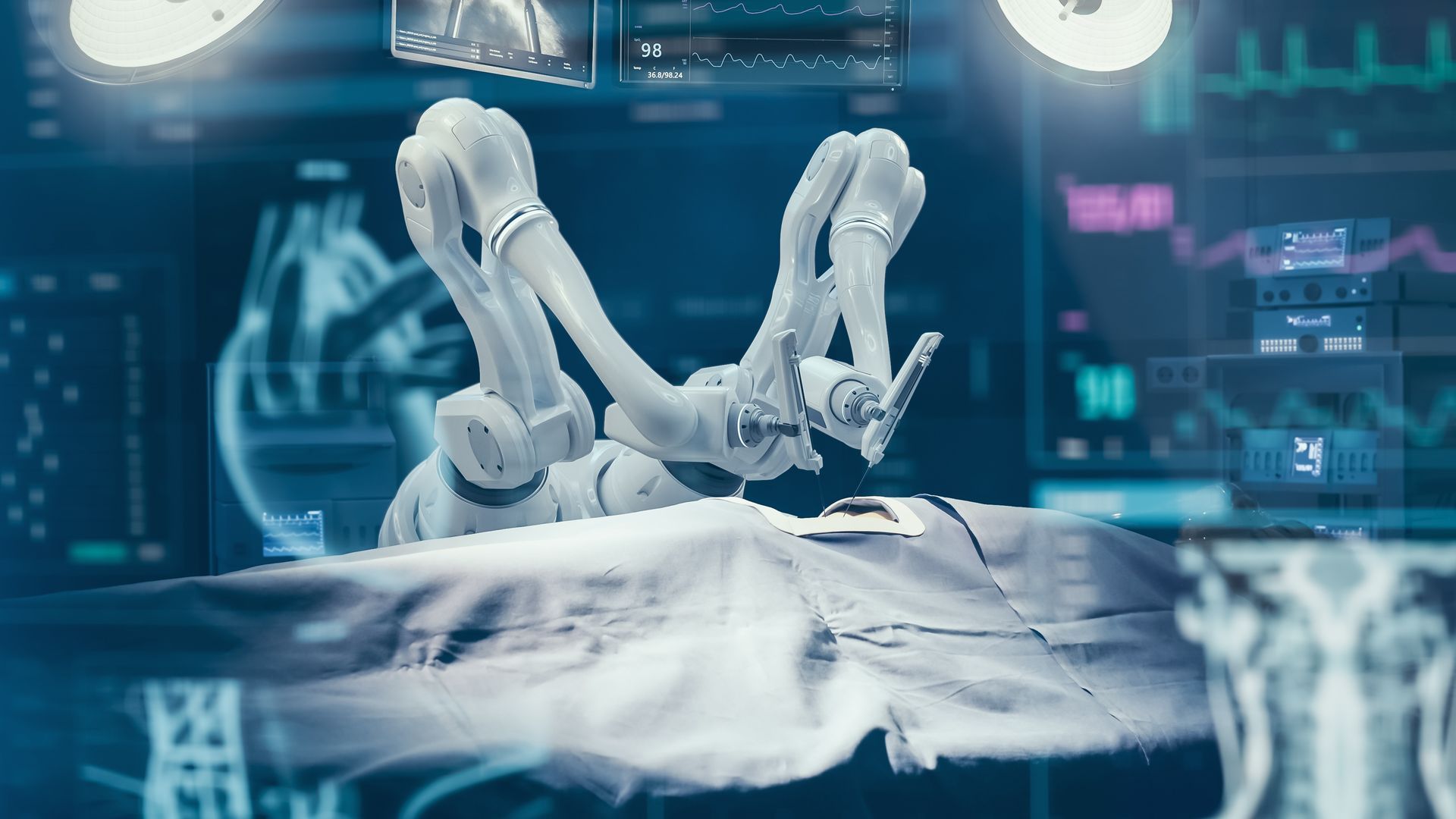 Two robotic arms operating over a patient in a futuristic hospital operating room Two robotic arms operating over a patient in a futuristic hospital operating room