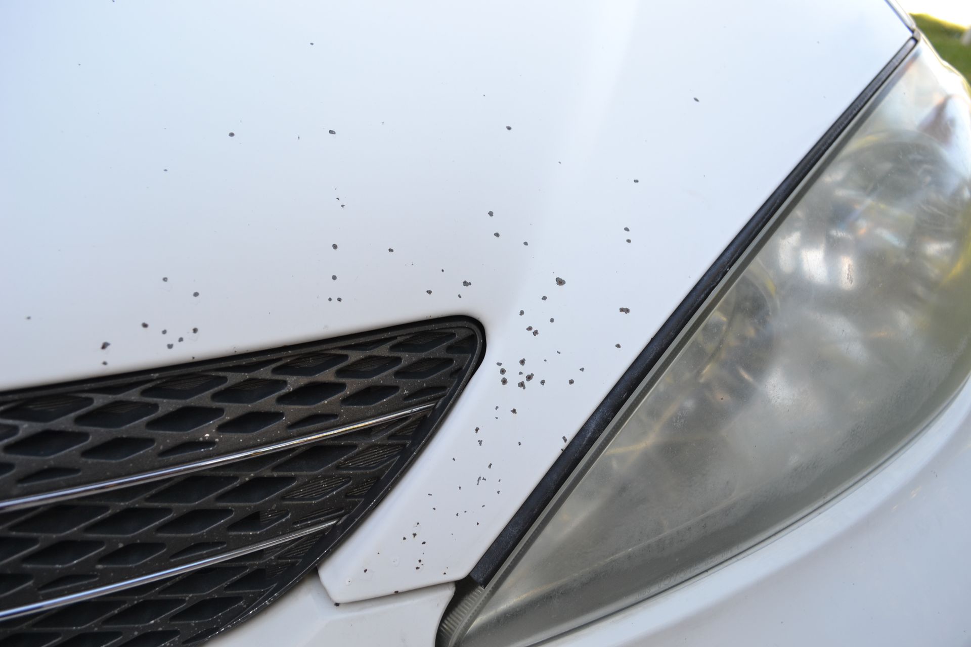 a close up of a white car bumper with a honeycomb grille