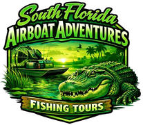 South Florida Airboat Adventures logo: Green alligator around airboat and palm tree. Text at bottom.