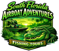 South Florida Airboat Adventures logo: Green alligator around airboat and palm tree. Text at bottom.