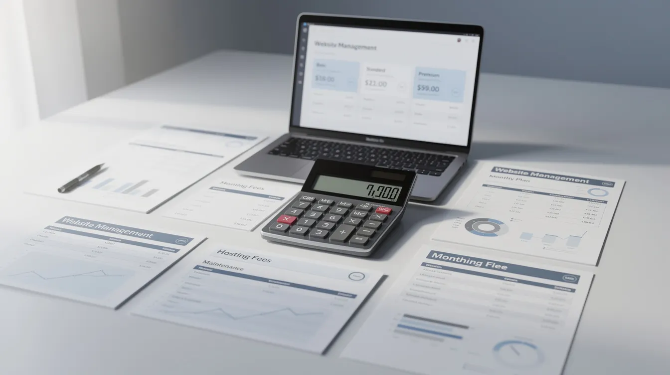 The image features a calculator alongside various financial documents that illustrate pricing details for professional website management services. This visual representation highlights the importance of effective website management and ongoing maintenance for business owners looking to enhance their online presence and ensure optimal performance.