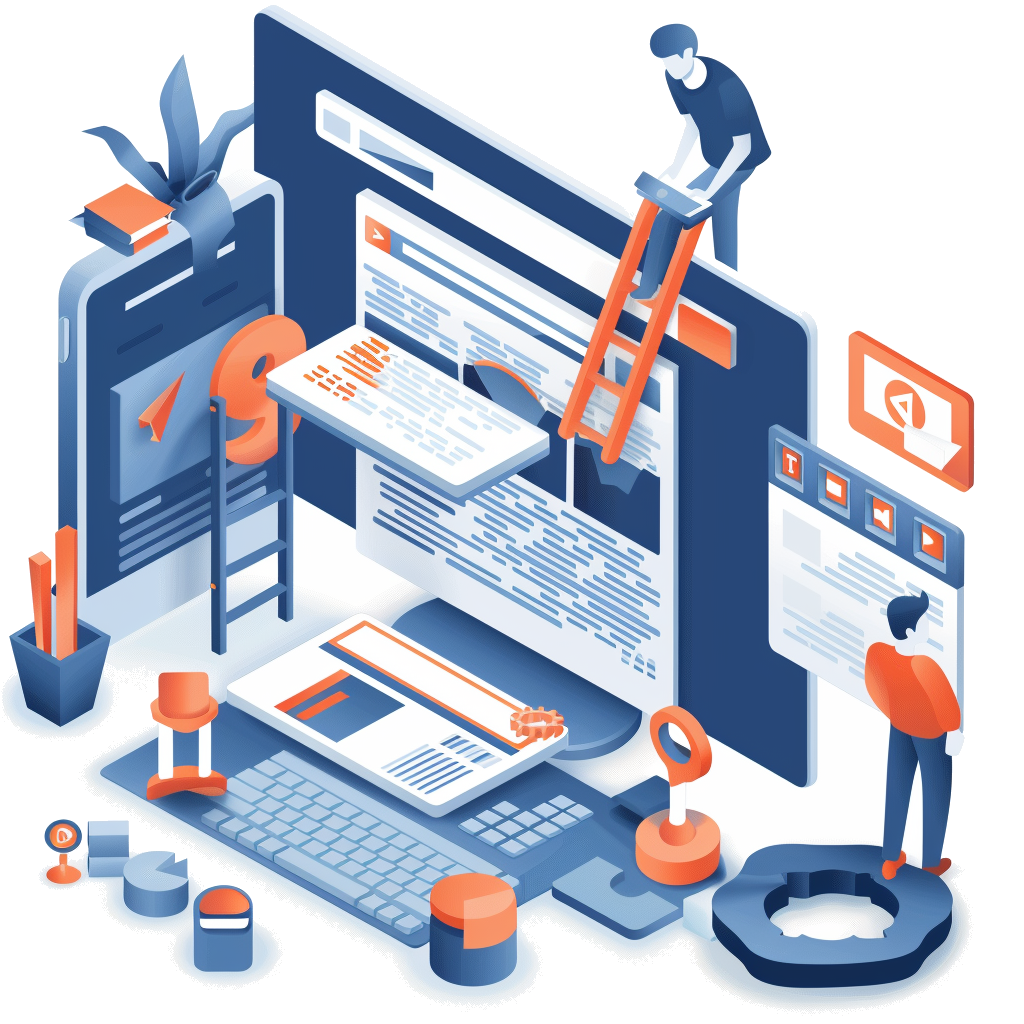 Isometric illustration of web developers working on a website design with code, a computer, and a smartphone.