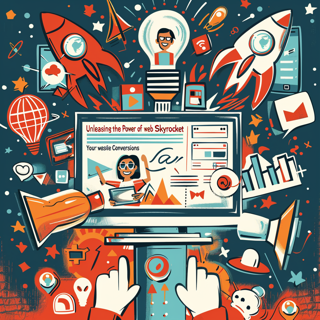 Hands typing on computer; screen shows website about unlocking potential, with rockets and lightbulb.