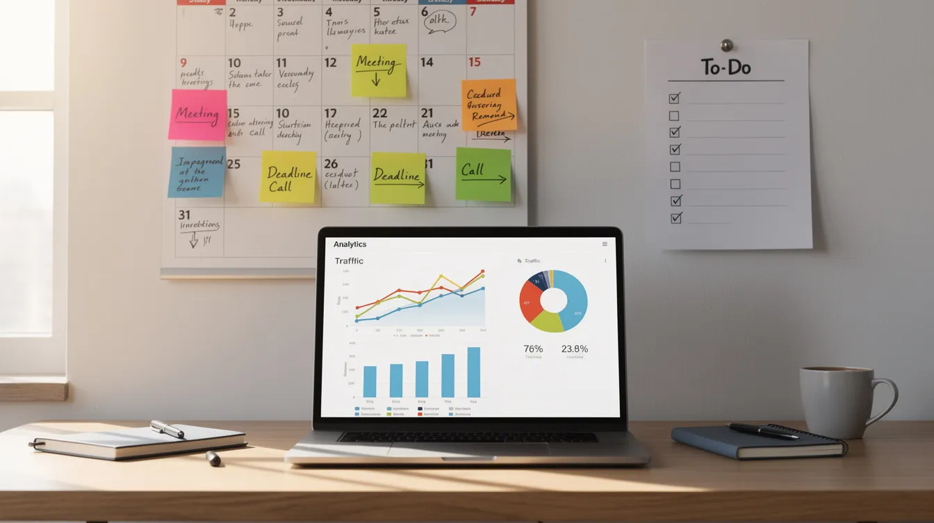 The image features a wall calendar adorned with colorful sticky notes and a checklist, positioned next to a laptop displaying an analytics dashboard filled with web analytics metrics. This setup highlights the importance of leveraging web analytics tools to gain valuable insights into user behavior and monitor key performance indicators for effective marketing strategies.