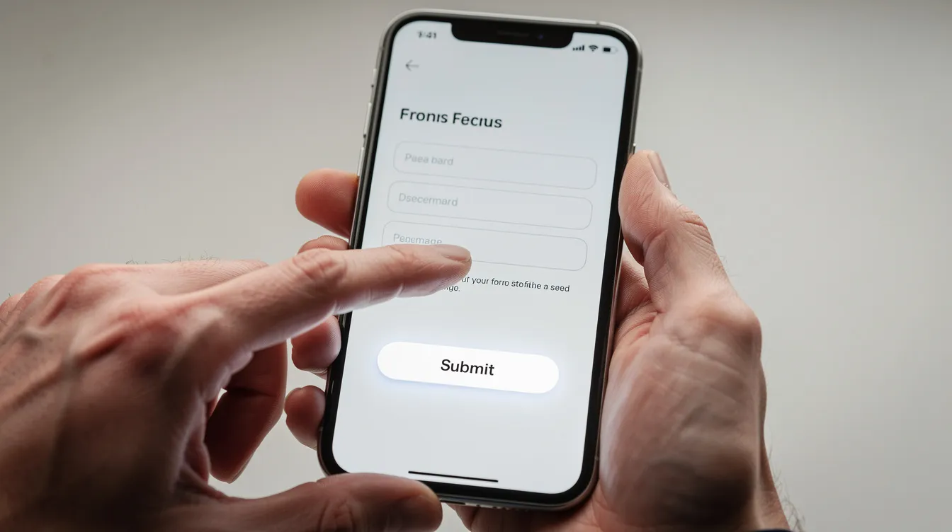 The image shows a close-up of hands tapping a large, bright button on a smartphone screen, with a clean and simple form displayed. This interaction highlights the importance of responsive web design for mobile devices, ensuring a seamless user experience across different screen sizes.