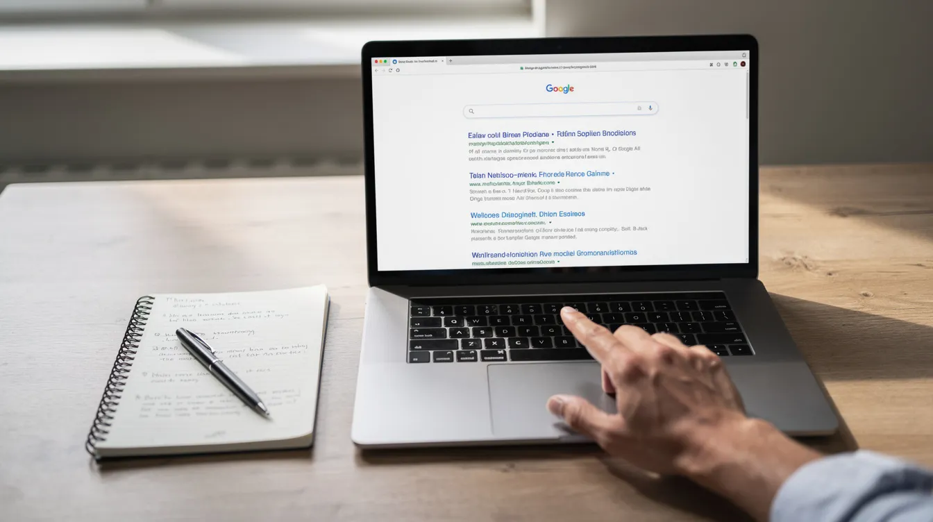 The image shows a person pointing at a search engine results page displayed on a laptop, accompanied by a notebook, all positioned on a wooden desk. This scene highlights the importance of web analytics tools in understanding user behavior and optimizing marketing strategies for improved website performance.