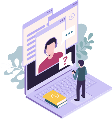 isometric illustration showing an AI robot representing a website answering questions