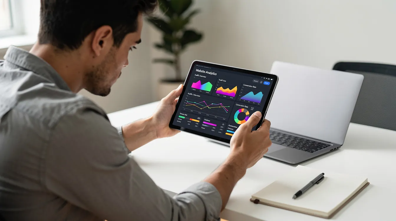 Person using a tablet to view colorful analytics charts beside a laptop on a desk