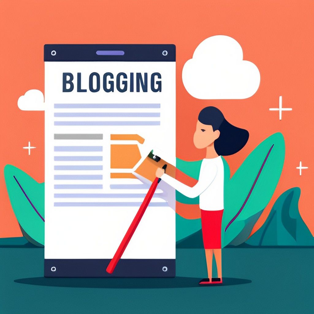 Woman editing a blog post on a smartphone, orange background with clouds and leaves.