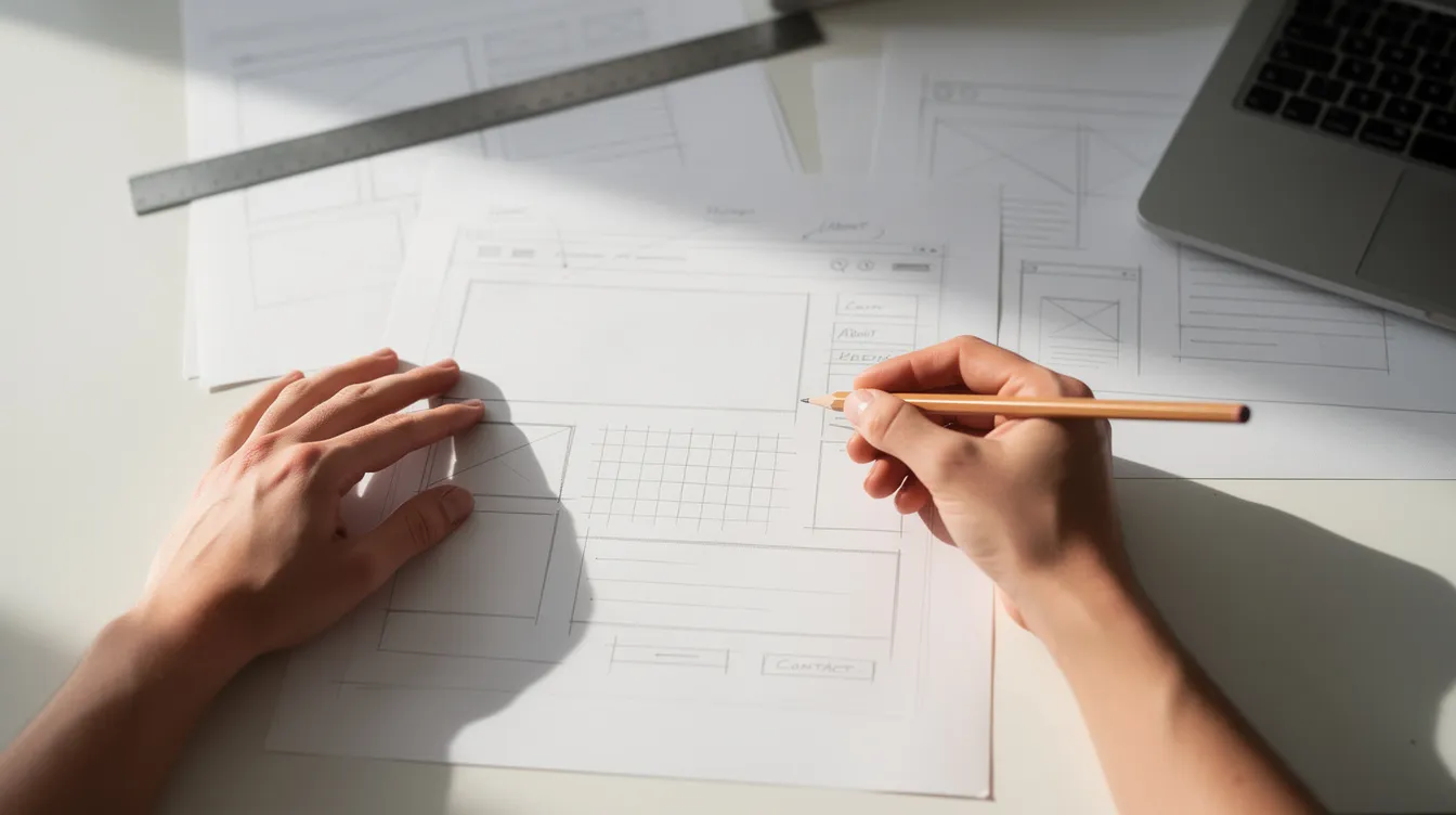 A person is sketching a website wireframe layout on paper with a pencil, focusing on the design elements and structure that will guide the creation of a professional website for a small business. The layout includes sections for pages, images, and a color palette, serving as an essential tool for designers and developers in the website building process.