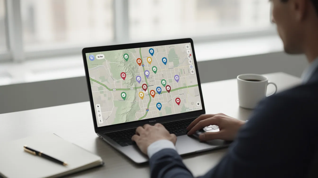 The image depicts a person sitting at a desk, focused on a laptop displaying a map application with several location pins, suggesting an interest in creating effective local landing pages for a local business. This setup highlights the importance of local search strategies and the need for location-specific information to enhance visibility in search engine results.