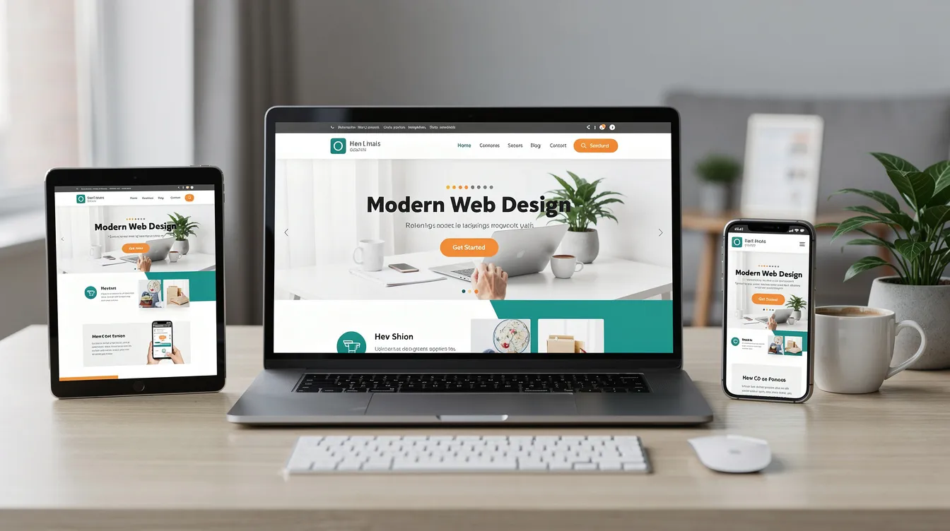 Desktop, laptop, tablet, and phone displaying a modern web design on a desk