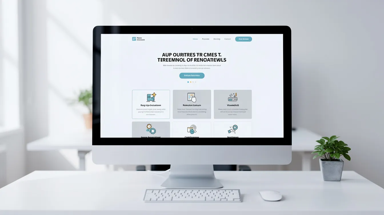 A clean and professional website layout is displayed on a desktop monitor, showcasing an organized design with a modern color palette and user-friendly navigation. This example highlights essential features for small businesses, including e-commerce functionality and customizable templates to enhance brand presence online.
