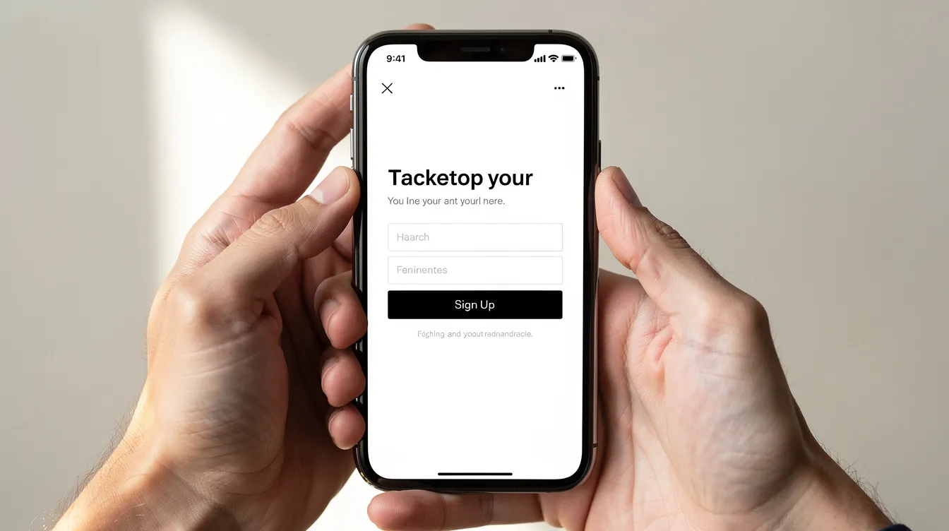 A close-up view of hands holding a smartphone that displays a clean mobile website featuring a prominent sign-up button, designed for users interested in startup jobs and services. The image conveys a sense of accessibility and innovation, encouraging potential candidates to join the platform.