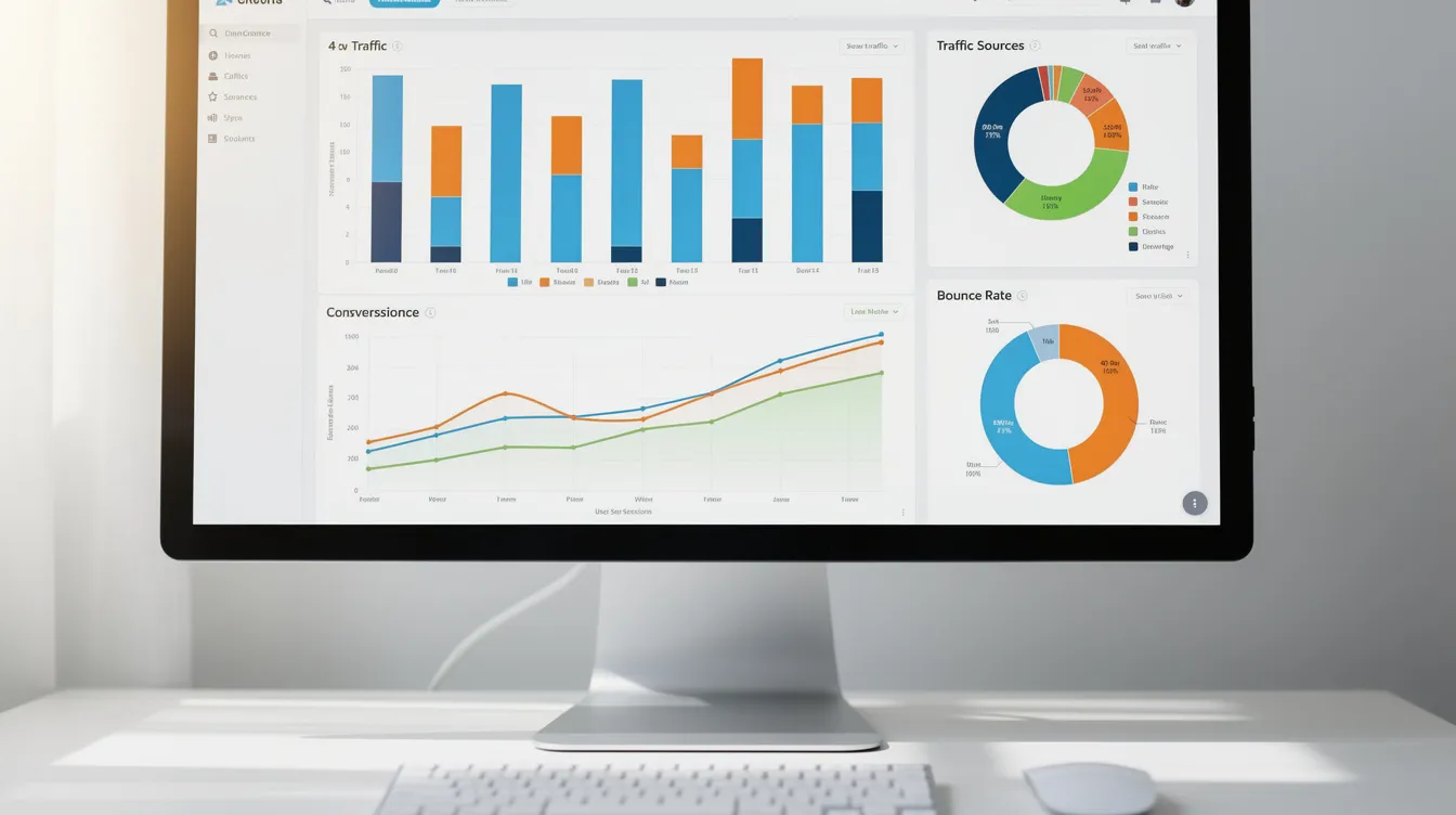 The image shows a computer monitor filled with vibrant bar charts, line graphs, and pie charts that visually represent various web analytics metrics, illustrating website performance data. This display highlights the importance of analyzing user behavior and key performance indicators to gain valuable insights for optimizing marketing strategies and improving business growth.