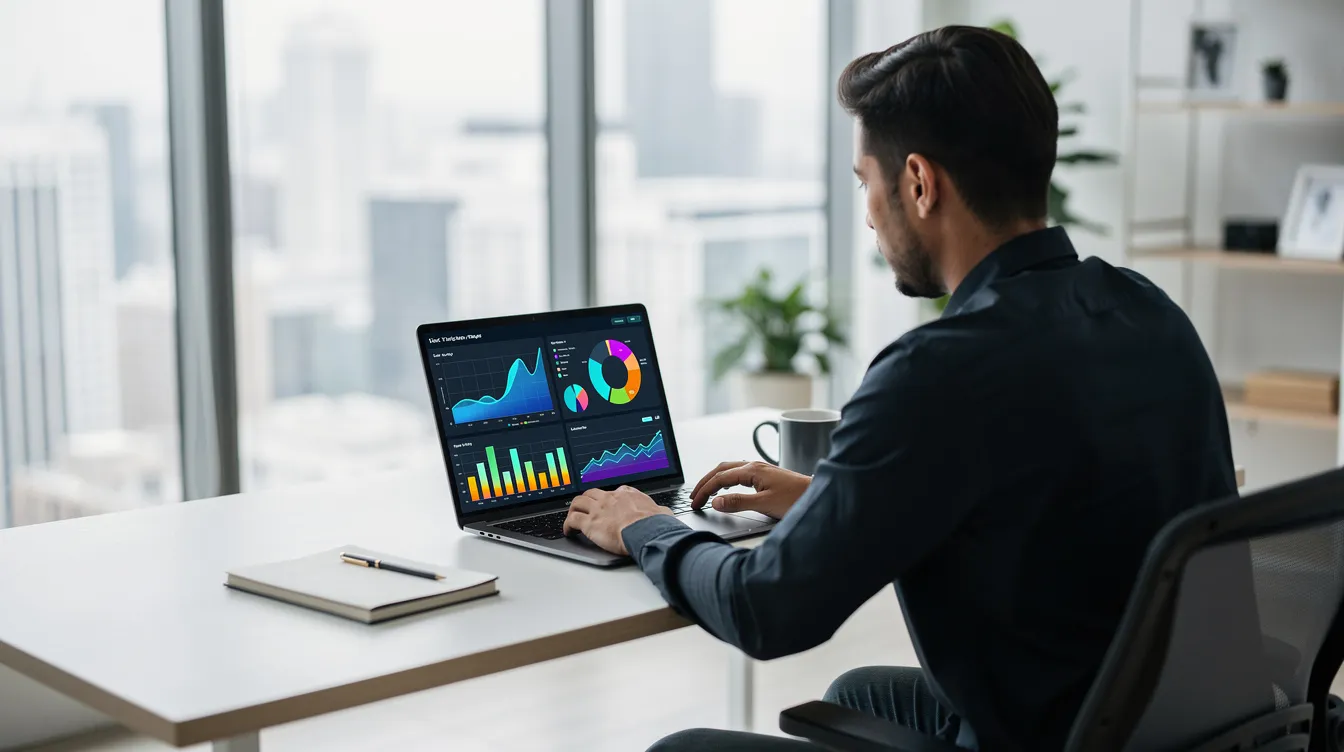 Person working on a laptop with colorful analytics charts in a bright office.