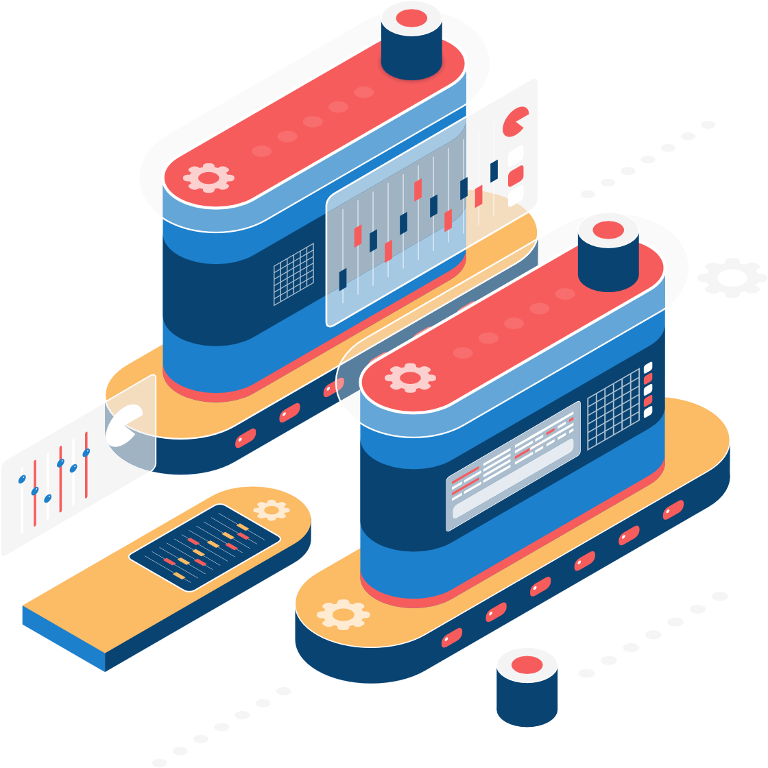 Isometric illustration: two industrial machines with data displays and a handheld device, possibly for data analysis.