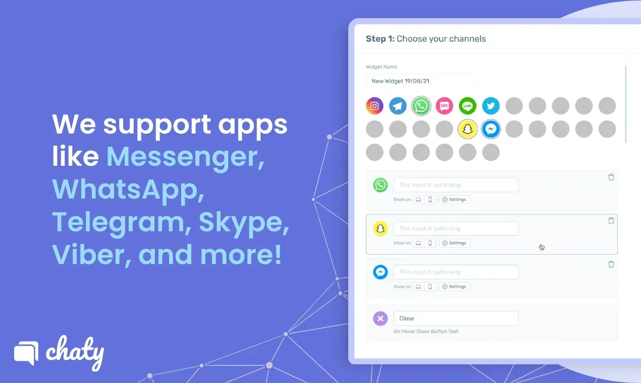 Advertisement for chaty app. Blue background with app icons and text listing supported apps.