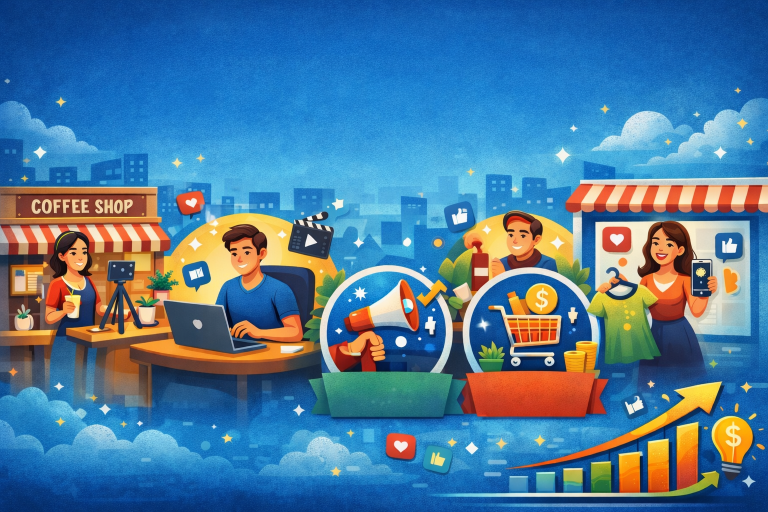 Digital marketing illustration: People using social media to promote businesses, growth chart in the foreground.
