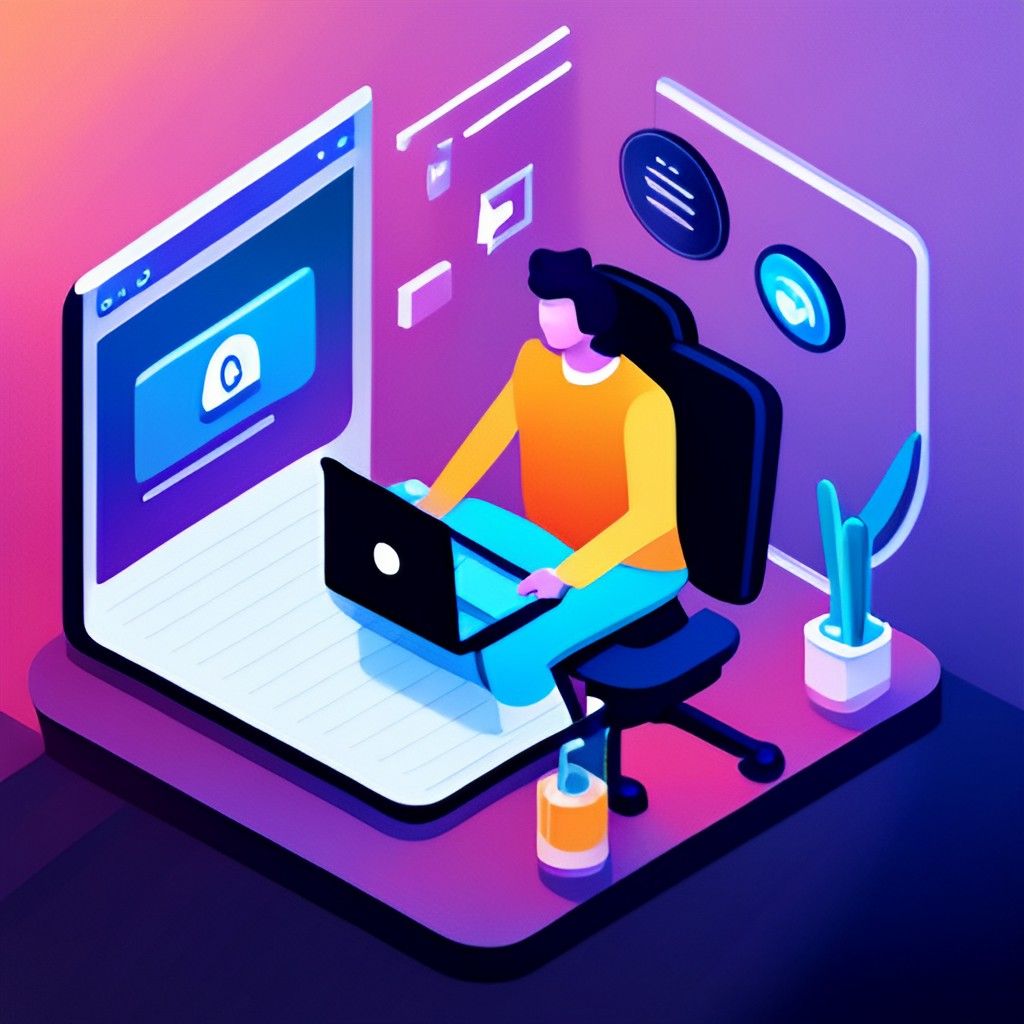 an isometric illustration of a man sitting in front of a laptop computer .