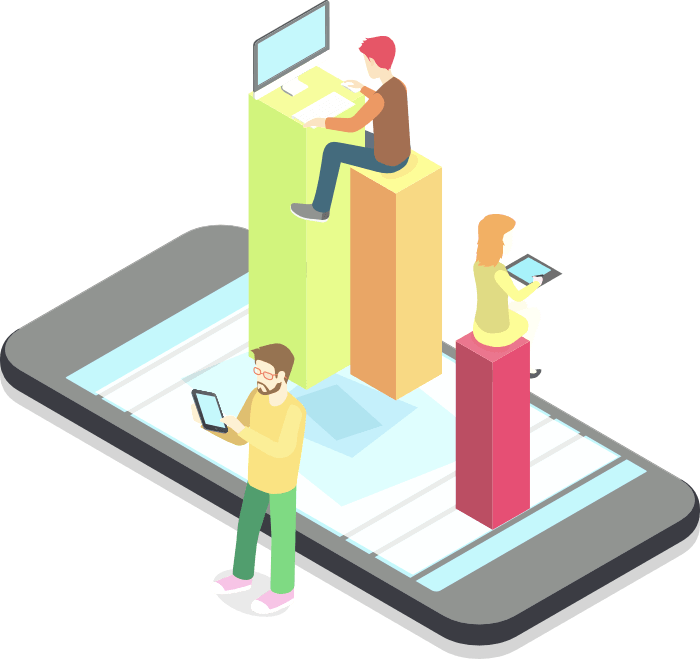 an isometric illustration of a man using a tablet and a woman using a tablet