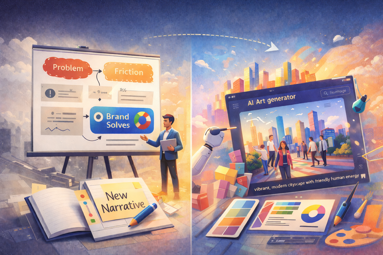 A split image: a presentation board with business plan and a person giving a talk, and a creative digital workspace with a cityscape.
