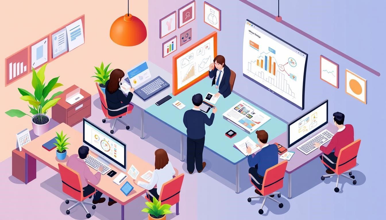 Office meeting: people around a conference table with screens, some working at desks with computers, plants and charts displayed.