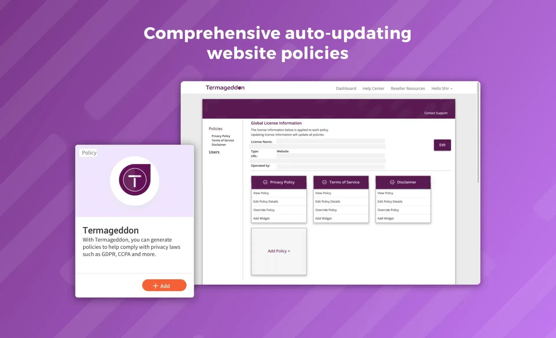 Screenshot of website policy management dashboard with a related pop-up.