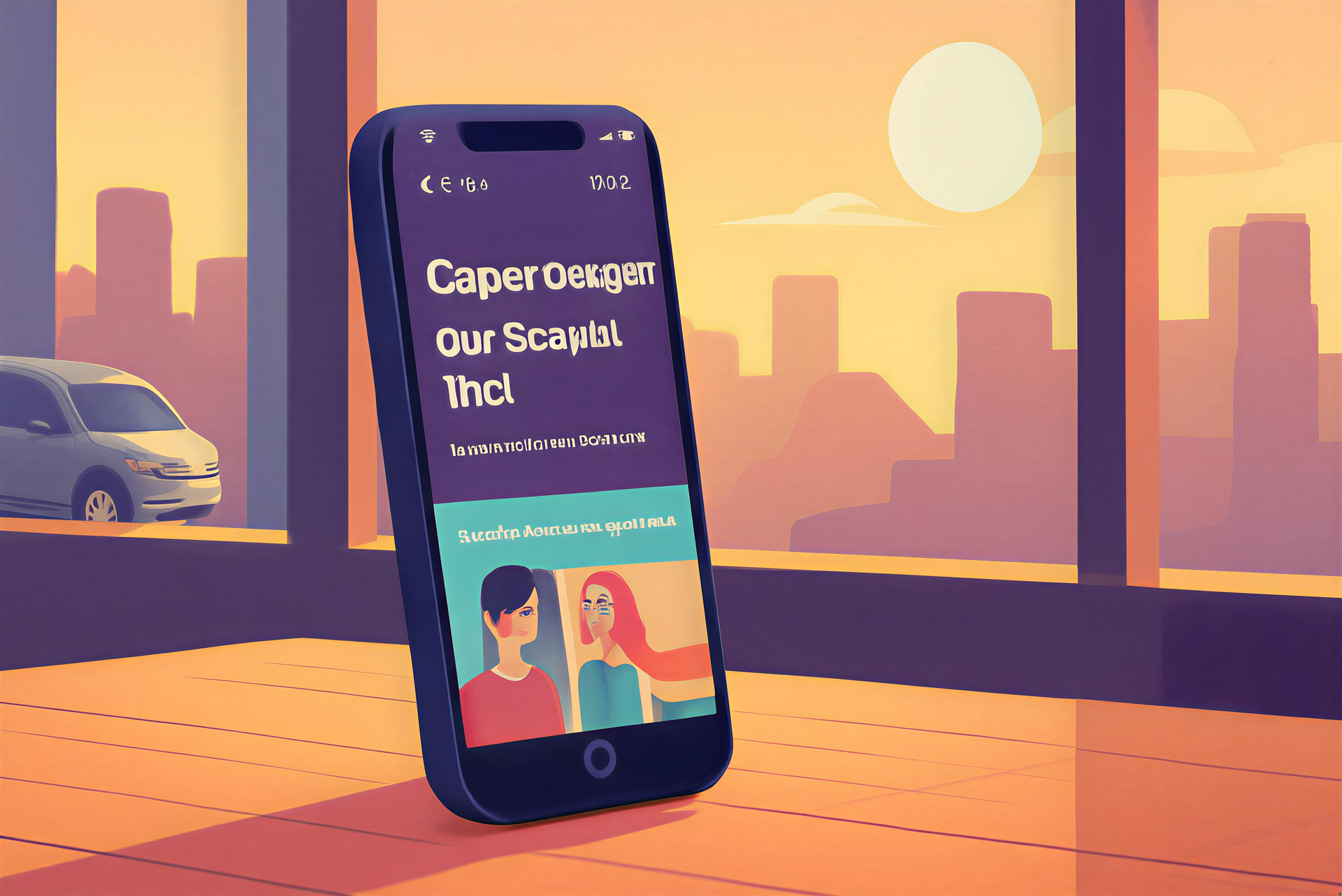 Smartphone displaying an app, against a city skyline, lit by a sunset.