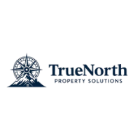 Logo of True North Property Solutions featuring a compass, mountains, and a house, with dark blue text.