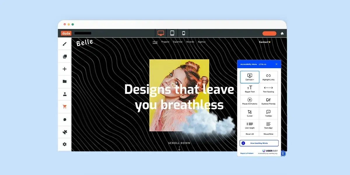 Screenshot of a website design interface with a text overlay 