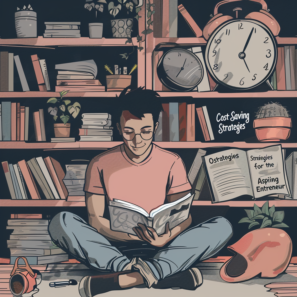 Person reading book in front of bookshelf with clocks and plants.