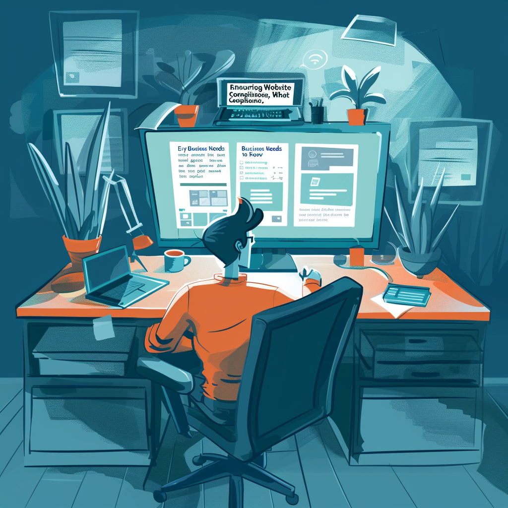 Person working at a desk with a large computer screen, surrounded by plants and a laptop.
