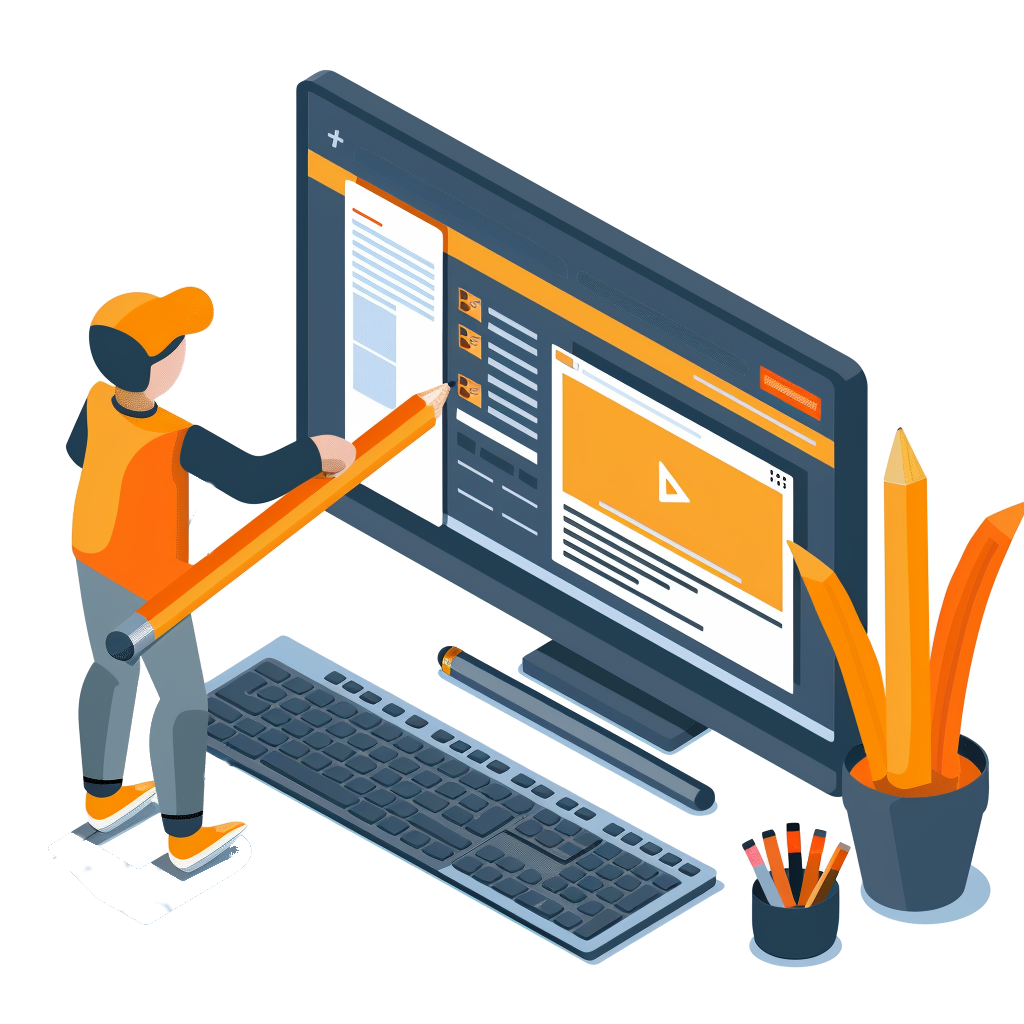 Person using giant pencil to edit a computer screen with orange and black elements.