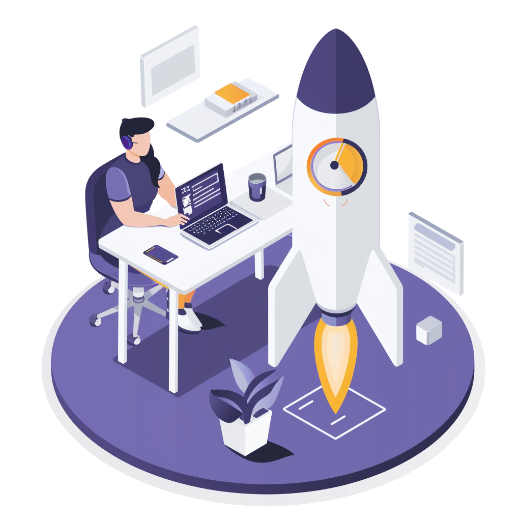 isometric illustration of rocket launching to illustrate speed of website
