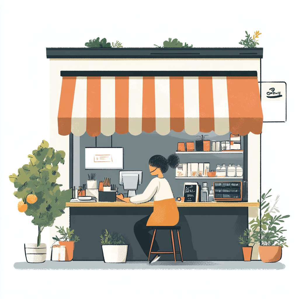 A person sits at the counter of a shop with an orange and white striped awning; plants and shelves visible.