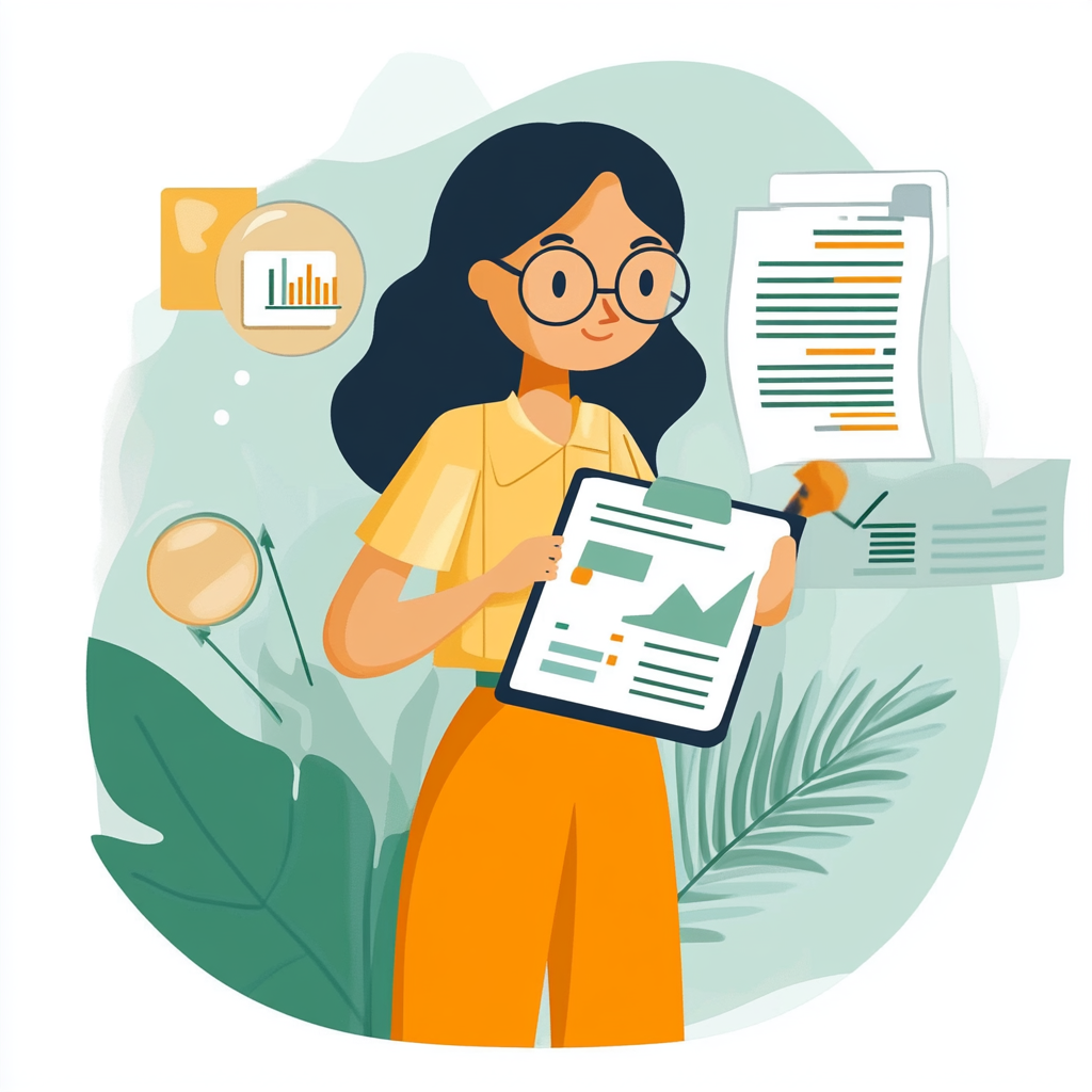 Woman in glasses holding clipboard with charts, surrounded by documents and a magnifying glass.